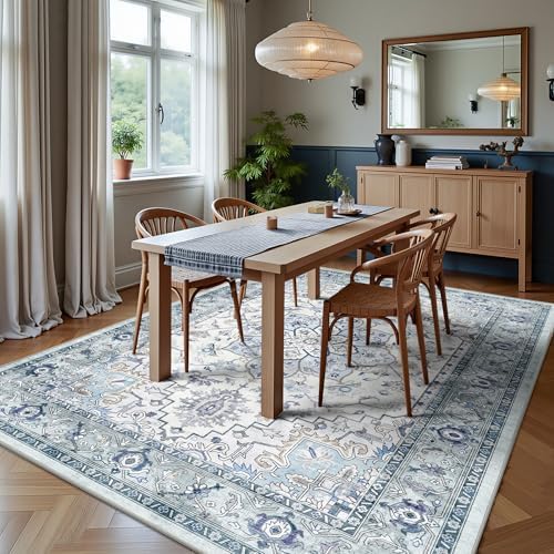 5x7 Area Rugs - Washable Rug Vintage Distress Boho Medallion Rugs for Living Room, Soft Non-Slip Backing Low Pile Carpet for Bedroom Dining Room Office Nursery Dorm Home, Blue Grey Purple - Image 4