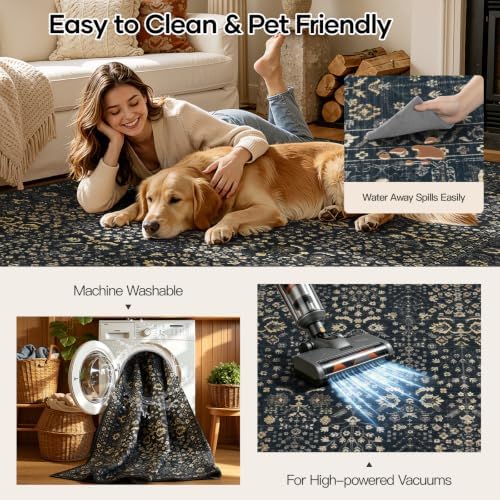 Lofus 9x12 Washable Area Rug for Living Room, Non-Slip Black Boho Carpet - Image 4