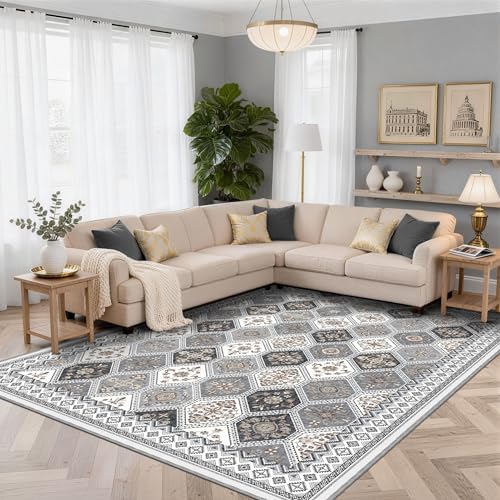 Area Rugs 9x12 Living Room, Non-Slip Vintage Boho Moroccan Rug, Gray/Gold by TTelephant