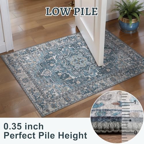 Vintage Small Area Rugs for Entryway, Non Slip 2x3 Washable Rug Blue Grey - Image 3