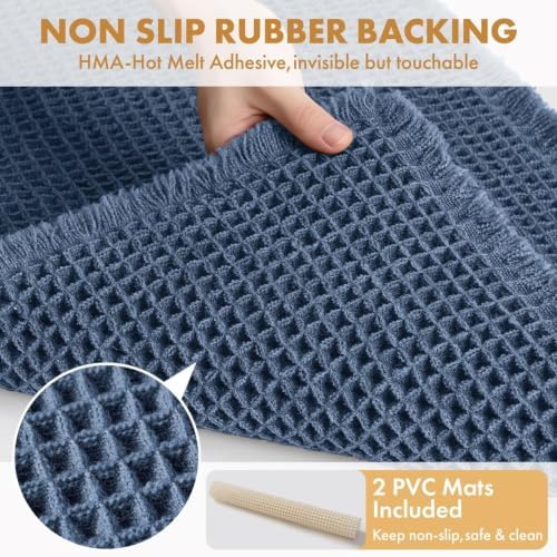 MIULEE Set of 2 Waffle Bathroom Rugs Boho Bath Mat Blue 17"x24"+18"x30" - Image 4