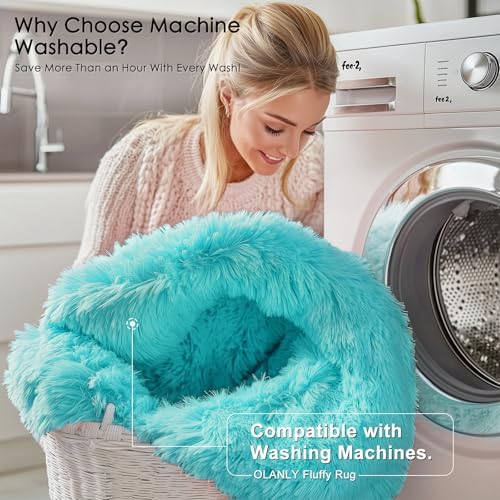 OLANLY Teal Blue Round Rugs for Bedroom - Machine Washable, 2 ft Circle Area Rugs for Living Room, Soft and Fluffy Shaggy Carpet for Teen Girls and Boys, Nursery Rooms, Dorms, Home Decor Aesthetic - Image 2