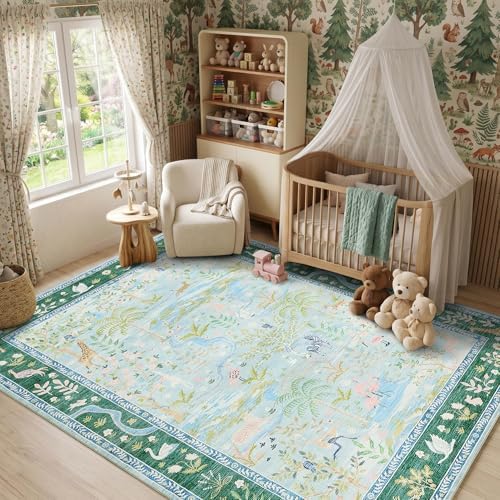 8x10 Washable Rug for Living Room Blue Animal Print Large Bedroom Rugs Non Slip Forest Nursery Girls Room Throw Carpet Stain Resistant Whimsical Safari Area Rugs for Home Office, Teal/Blue by Garvee