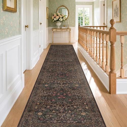 Washable Boho 3x16 Long Runner Rug for Hallway Non Slip, Ultra Thin Large Kitchen Indoor Floor Rugs for Entryway Hall Way, Stain Resistant Low Pile Vintage Brown Floral Carpet by HazoHaus