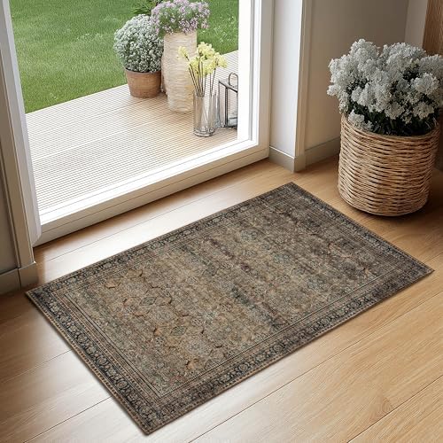 Ruaruarug Washable Small Area Rug 2×3 for Entryway, Soft, Vintage Brown by Ruaruarug