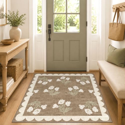 Tan Square Rug 4ft - Soft Washable Boho Farmhouse Square Entryway Rug Non Slip 4x4 Stain Resistant Cottage Floral Scalloped Throw Rugs for Living Room Bedroom Dining Room Bathroom Nursery - Image 6