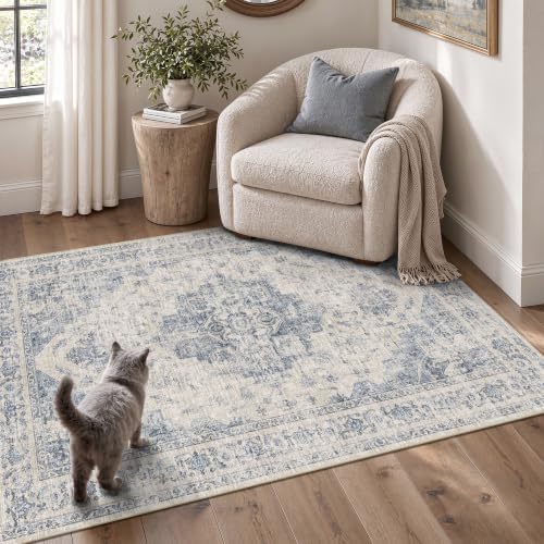 Washable 4x6 Bedroom Area Rug Soft Medallion Floral Blue Throw Carpet - Image 4