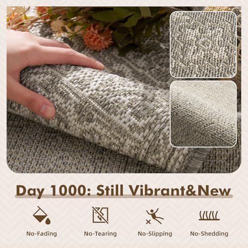 MontVoo-Outdoor Rug-Patio Rug 5x7 ft Polypropylene Indoor Outdoor Rugs Carpet for Patio Deck Balcony Porch, Textured Weave, Durable for High Traffic, Fade-Resistant, Vintage Medallion Silver Grey - Image 3