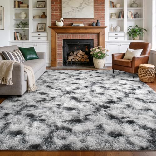 6x9 Large Fluffy Area Rugs Non-Slip for Living Room Tie-Dyed Black White by Unknown