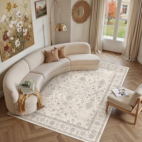 PureCozy Beige 8x10 Washable Area Rug Neutral Vintage Floral Carpet - Image 3