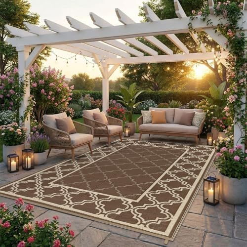 Garvee Reversible Outdoor Rug 5x8, Waterproof Outdoor Plastic Straw Rug with Interlacing Pattern, RV Mat for Picnics, Patio, Camping, Balcony, Deck, Backyard, Porch, Brown by Garvee