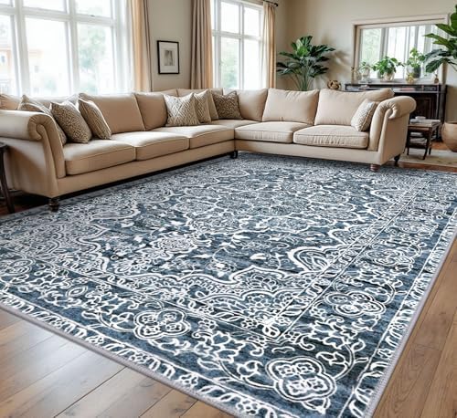 KUTA 9x12 Vintage Area Rug for Living Room Washable Large Rugs Blue White by KUTA