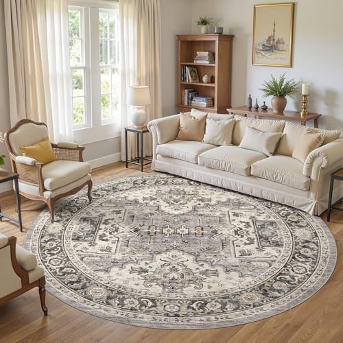 Area Rug for Living Room - 8x8 Soft Machine Washable Oriental Vintage Floral Distressed Large Indoor Floor Carpet for Bedroom Under Dining Table Home Office Decor - Brown - Image 2