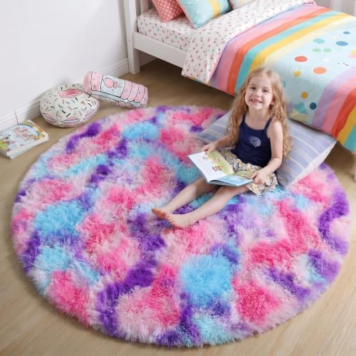 Amdrebio Pink Blue Purple Fluffy Area Rug 5Ft for Girls Bedroom Kids Room by Amdrebio