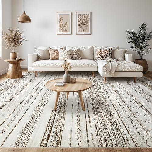 Tortania Area Rug Living Room Rugs - 12x18 Washable Large Soft Neutral Boho Moroccan Bohemian Farmhouse Rug Indoor Floor Carpet for Bedroom Under Dining Table Home Office Decor - Cream Brown - Image 6