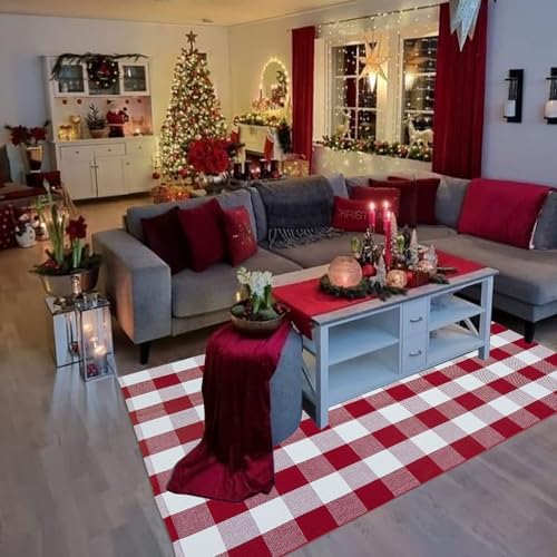 Buffalo Plaid Outdoor Rug, 4' x 6' Red&White Christmas Check Indoor/Outdoor Area Rug, Layering Rug for Hello/Welcome Door Mat, Machine Washable Cotton Woven Rug for Farmhouse Front Porch, Entryway - Image 7