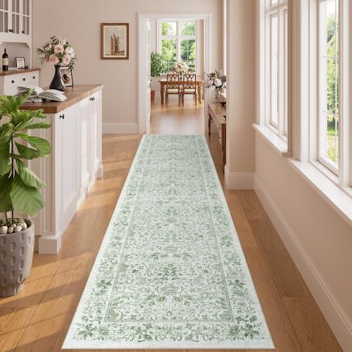 DUKINO 2.6x8 Runner Rug, Washable Vintage Floral Kitchen Rug, Sage Green - Image 3