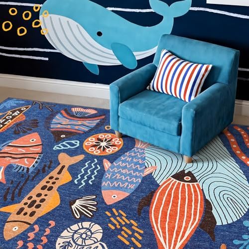 jinchan 5x7 Coastal Area Rug Kids Washable Fun Rug Colorful Ocean Fish Indoor Floor Cover Non Slip Lightweight Soft Cozy Carpet for Bedroom Nursery Playroom Daycare Living Room, Blue - Image 6