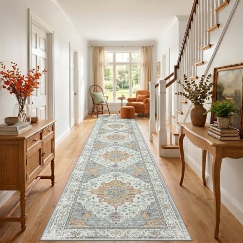 RELEANY Washable Area Rug, Runner 3'x20', Beige/Carbon Grey/Orange - Image 2