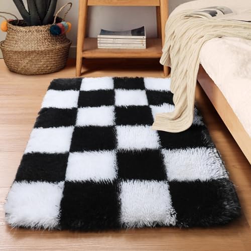 KICMOR Small Rug for Bedroom, 2x3 Fluffy Soft Black and White Checkered Rug Fuzzy Shaggy Bedside Carpet, Indoor Furry Plush Small Throw Rug for Living Room Nursery Kids Girls Boys Room Home Decor by KICMOR