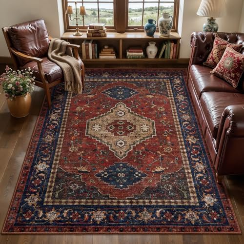 Tangsoo Oriental 3x5 Washable Area Rugs, Red Boho Non Slip Accent Rug by Tangsoo