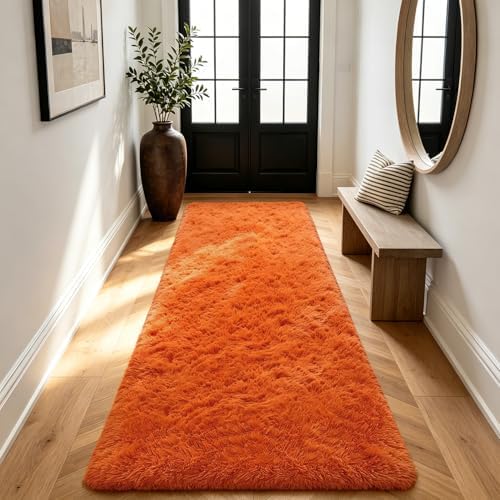 Shag Runner Rug for Bedroom Living Room 2x6 Upgrade Non-Slip Fluffy Soft Bedside Rugs,Orange Shaggy Carpet for Livingroom Dorm Home Decor Aesthetic - Image 4