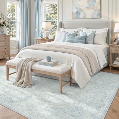 DCX Vintage Washable 8x10 Area Rug, Distressed Floral, Light Blue - Image 3