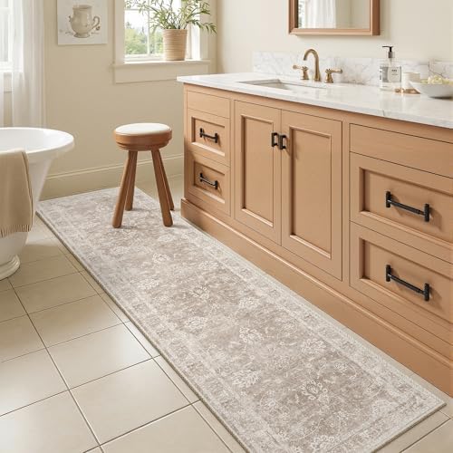 Madane Washable Runner Rug 2x5, Vintage Kitchen Hallway Rug Brown/Sand - Image 4
