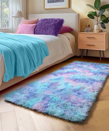 Rainbow Rugs for Bedroom Girls 2x4 Ft, Fluffy Soft Purple Shag Tent Rugs - Image 7