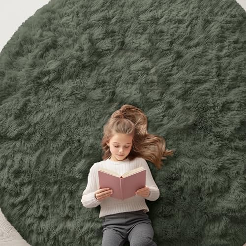 OLANLY Olive Green Round Rugs for Bedroom - Machine Washable, 8 ft Circle Area Rugs for Living Room, Soft and Fluffy Shaggy Carpet for Teen Girl and Boys, Nursery Rooms, Dorms, Home Decor Aesthetic by OLANLY