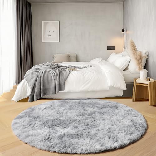 ONASAR Round Rugs 5ft for Bedroom Living Room, Fluffy Tie-Dyed Light Grey Circle Area Rug for Kids Girls Boys Teen, Soft Plush Shaggy Carpet for Nursery Dorm Classroom Playroom Home Decor Aesthetic - Image 3