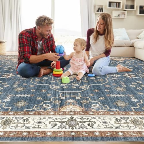 6x9 Area Rug for Living Room- Machine Washable Soft Oriental Vintage Large Indoor Floor Carpet for Bedroom Under Dining Table Home Office Decor - Dark Blue - Image 7
