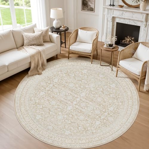Round Area Rug Living Room: 8ft Washable Carpet Natural Beige by Luxturiy