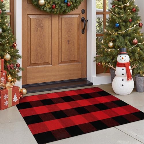 OJIA Christmas Buffalo Plaid Front Door Mats Outdoor 2'x3' Red Porch Rug - Image 3