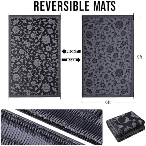 OLANLY Outdoor Rug 6x9 ft Waterproof Reversible Floral Mat, Black & Grey - Image 2