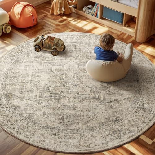 6ft Washable Round Rugs for Bedroom: Circle Living Room Rug Vintage Non Slip Low Pile Soft Faux Wool Non Shedding Boho Circular Rug for Entryway Kitchen Bathroom Office College Dorm Nursery Indoor - Image 4
