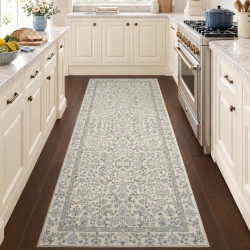 jinchan 2x6 Washable Hallway Runner Rug, Floral Non-Slip, Blue/Cream by JINCHAN