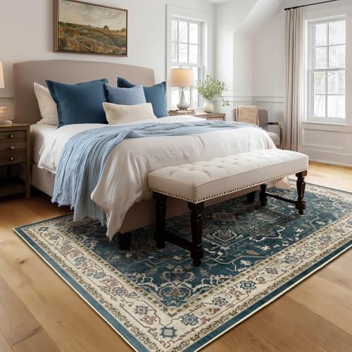 Distressed Vintage 5x7 Area Rugs for Living Room Bedroom Non Slip Washable, Medallion Pattern Printed Low Pile Farmhouse Carpet Rugs for Dining Room/Kitchen/Home Office, Deep Blue/Multi - Image 3
