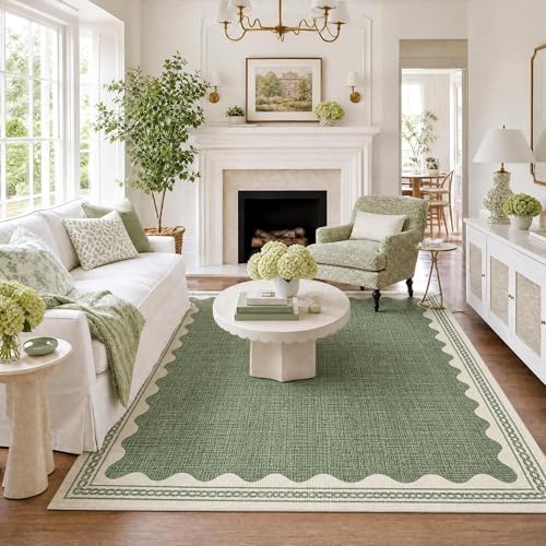 GarveeHome Scalloped Washable Rugs 5x7 Rug for Living Room, 5 x 7 Rug Solid Sage Green Modern Low-Pile Carpet for Bedroom Dining Nursery Non Slip Mat with Rubber Back by GarveeHome