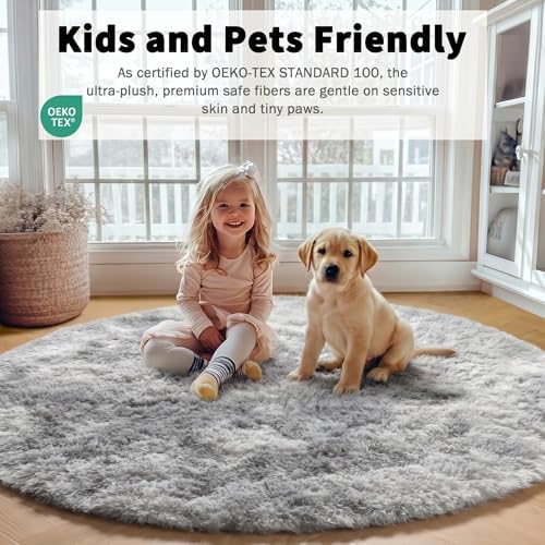 ONASAR Round Rugs 5ft for Bedroom Living Room, Fluffy Tie-Dyed Light Grey Circle Area Rug for Kids Girls Boys Teen, Soft Plush Shaggy Carpet for Nursery Dorm Classroom Playroom Home Decor Aesthetic - Image 4