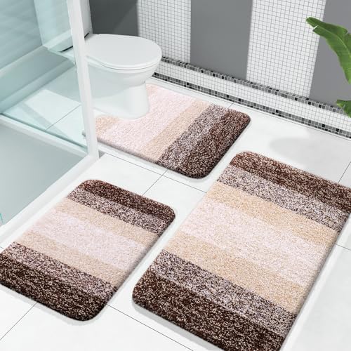 OLANLY Microfiber Bathroom Rugs Sets 3 Piece, Absorbent Bath Mats, Brown by OLANLY