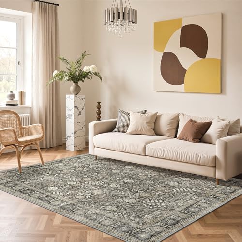 Bavni Area Rugs for Living Room, 5x7 Washable Rug Non-Slip Washable，Ultra-Thin Aesthetic Boho Rug for Bedroom Dinning Room Office,Dark Grey Brown by BAVNI