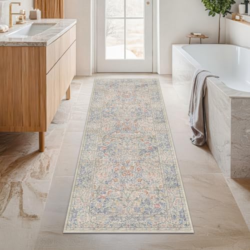 Beige Blue Washable 2x8 Runner Rug for Bathroom, Hallway, Kitchen, Non-Slip & Stain Resistant 8ft Long Entryway Floor Rug, Retro Boho Floral Décor by HazoHaus
