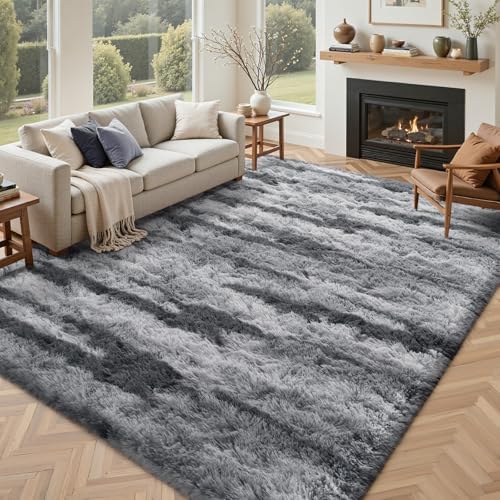 5x7 Ft Large Shag Rug for Living Room Bedroom,Tie-Dyed Ultra Soft Fluffy Furry Area Rug, Aesthetic Grey Carpet for Indoor Floor Home Decor by Lo%CC%80utiRootHome
