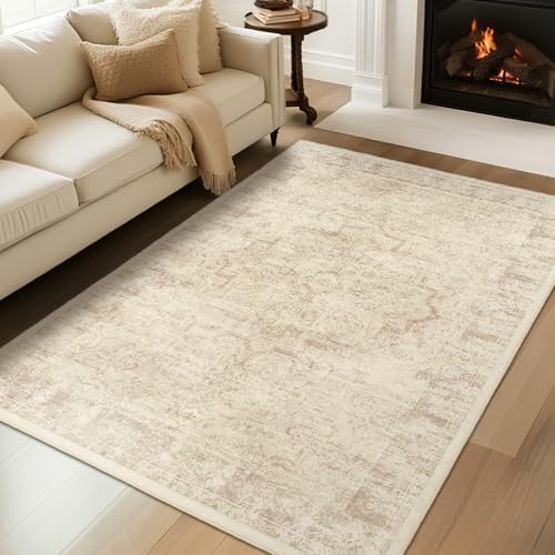 Neutral Beige Area Rugs 5x8, Non Slip Washable Rug for Living Room Bedroom, Medallion Distressed Printed Low Pile Thin Carpet Rugs for Dining Room/Kitchen/Home Office by Jainmy