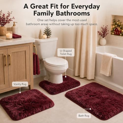 Burgundy Shaggy Bathroom Rugs Set Plush Velvet Bath Rugs Non-Slip Bath Mat Set 3 Piece,Washable Mats,Absorbent Shaggy Rugs Super Soft U-Shaped Toilet Rug,Bahroom Carpets for Bathroom,Tub,Shower - Image 6