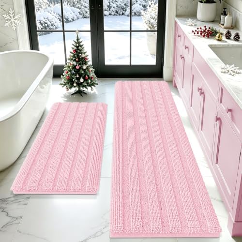 ACCUMTEK Christmas Striped Pink Bathroom Rug Mat Set 2 piece 32"x20"+60"x20" Ultra Soft, Non Slip Chenille Bath Rugs, Absorbent Plush Shaggy Bath Mats for Bathroom, Bedroom, Kitchen, Shower, Tub by ACCUMTEK