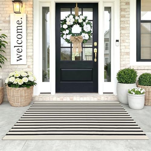 KOZYFLY 3'x5' Cotton Area Rug, Black and Beige Striped Outdoor Rug, Hand-Woven, Machine Washable, Perfect for Front Door, Kitchen, Living Room by KOZYFLY