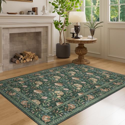 DUKINO 3x5 Rug, Washable Vintage Floral Bedroom Area Rug Non Slip, Green - Image 5