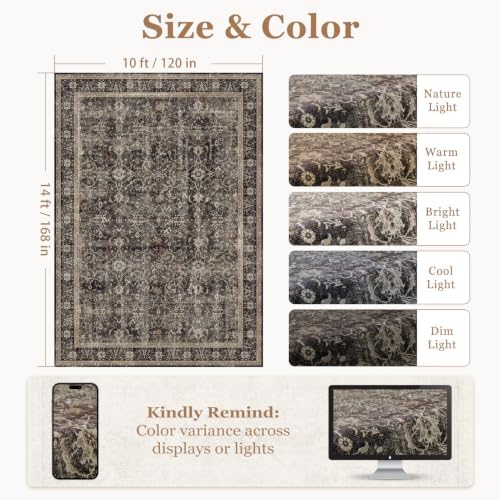 Washable Area Rug 10x14 Living Room, Vintage MCM, Black/Brown/Beige - Image 2